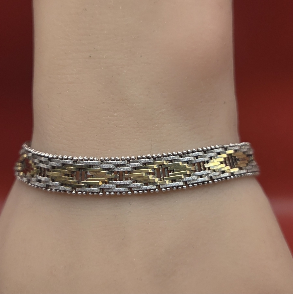 Vintage Sterling Silver Two Tone Woven Bracelet. 6 3/4 Inch. Milor 925